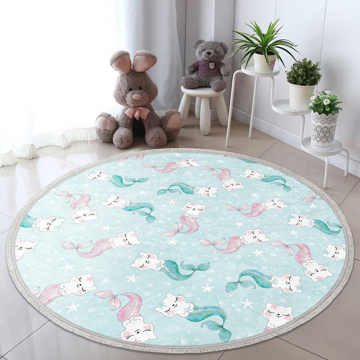 Mermaid Round Rug|Non-Slip Round Carpet|Fringed Kid Room Circle Carpet|Colorful Area Rug|Cat Mermaid Rug|Fish Print Anti-Slip Girls Carpet