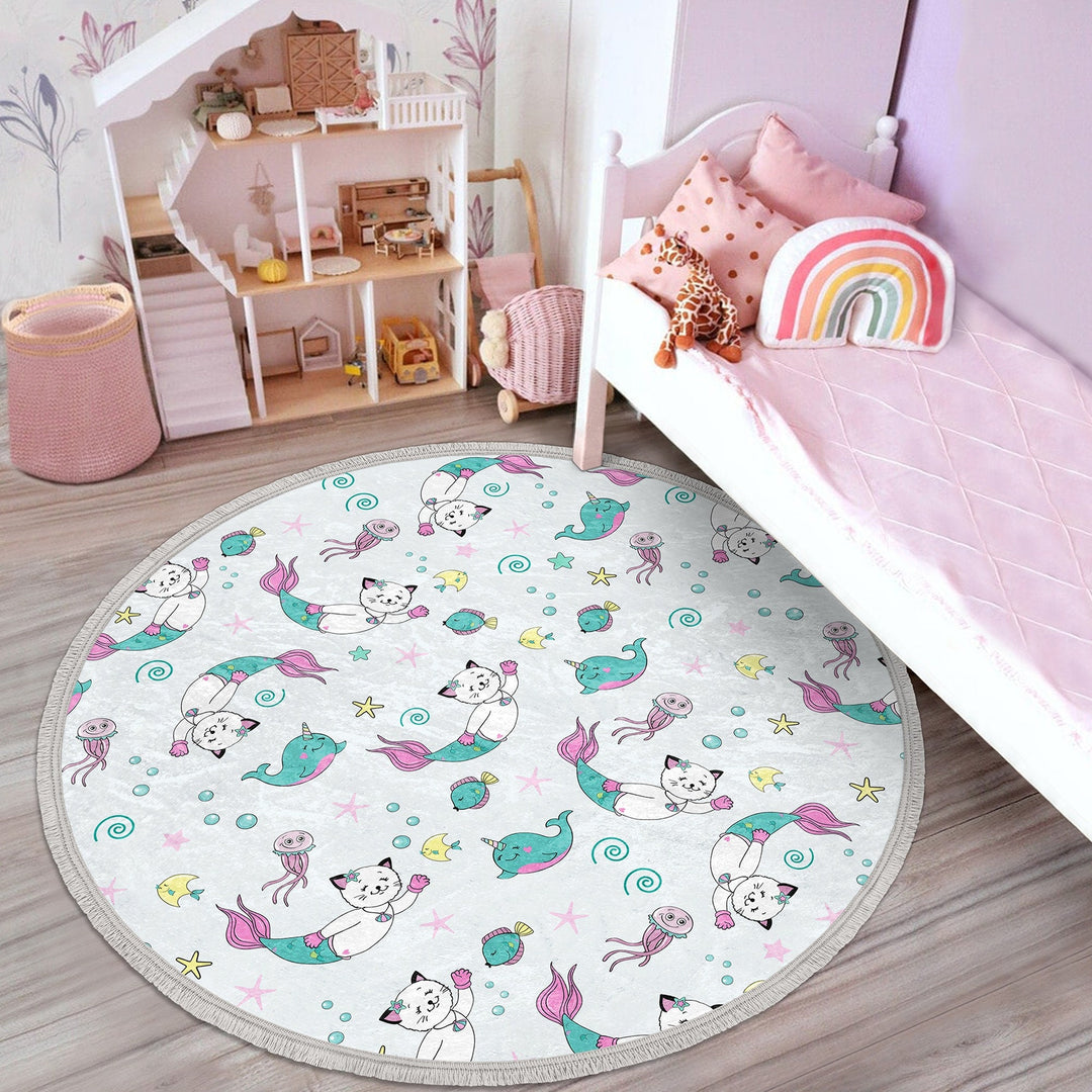 Mermaid Round Rug|Non-Slip Round Carpet|Fringed Kid Room Circle Carpet|Colorful Area Rug|Cat Mermaid Rug|Fish Print Anti-Slip Girls Carpet