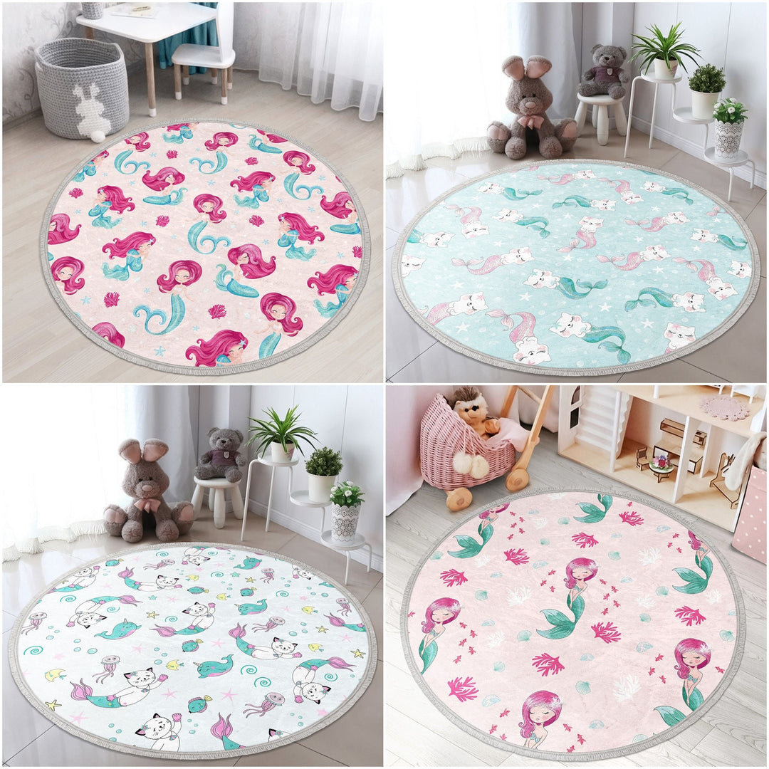 Mermaid Round Rug|Non-Slip Round Carpet|Fringed Kid Room Circle Carpet|Colorful Area Rug|Cat Mermaid Rug|Fish Print Anti-Slip Girls Carpet