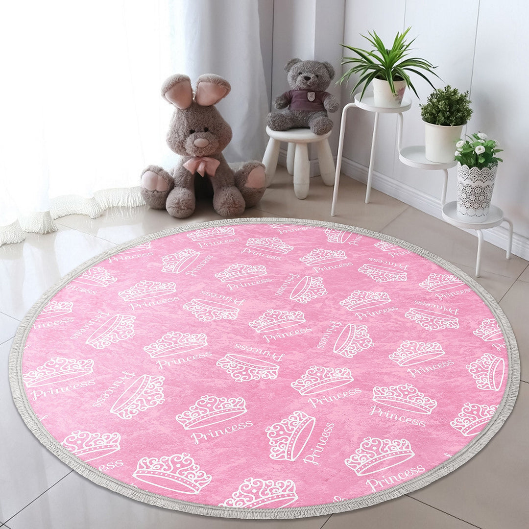 Princess Round Rug|Crown Print Anti-Slip Girls Carpet|Non-Slip Round Carpet|Fringed Kid Room Circle Carpet|Colorful Area Rug|Girls Room Rug