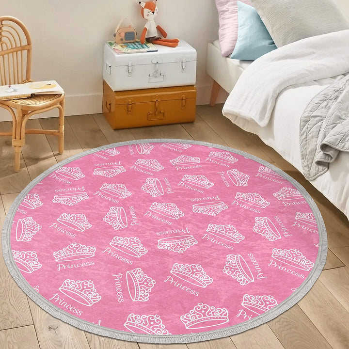 Princess Round Rug|Crown Print Anti-Slip Girls Carpet|Non-Slip Round Carpet|Fringed Kid Room Circle Carpet|Colorful Area Rug|Girls Room Rug