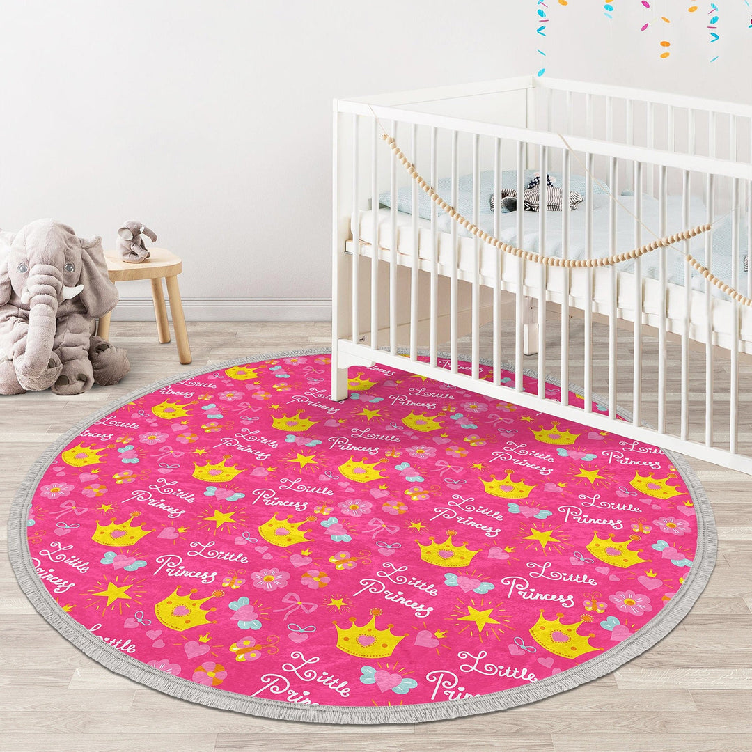 Princess Round Rug|Crown Print Anti-Slip Girls Carpet|Non-Slip Round Carpet|Fringed Kid Room Circle Carpet|Colorful Area Rug|Girls Room Rug