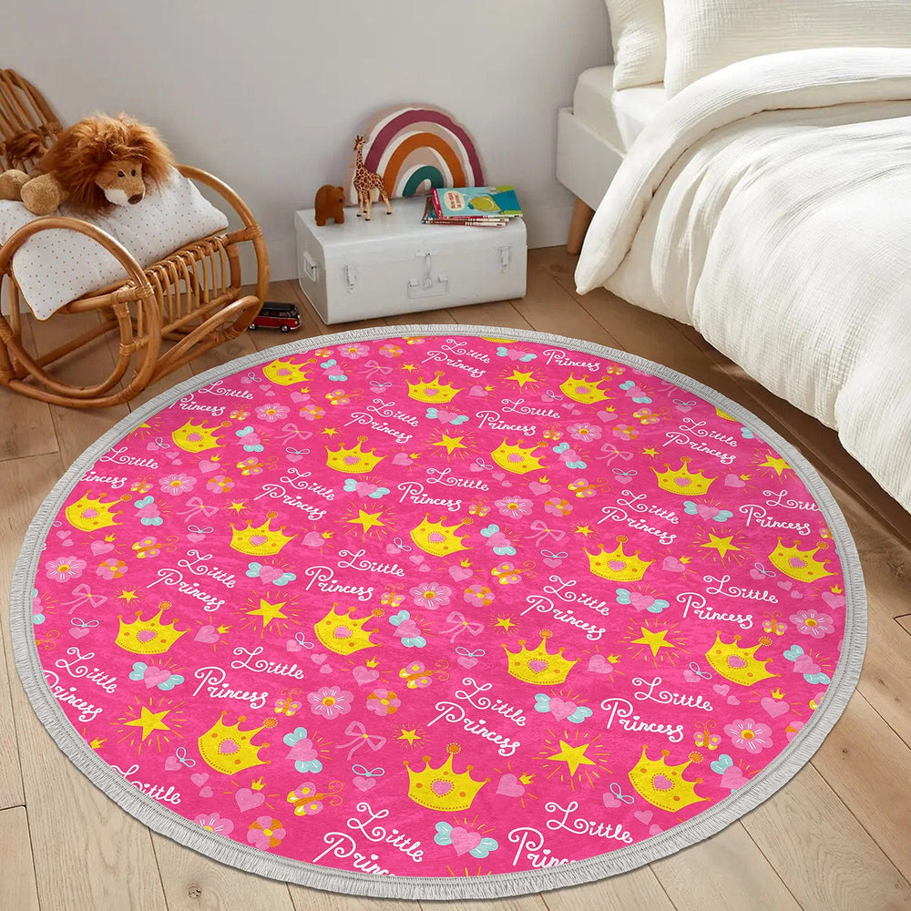 Princess Round Rug|Crown Print Anti-Slip Girls Carpet|Non-Slip Round Carpet|Fringed Kid Room Circle Carpet|Colorful Area Rug|Girls Room Rug