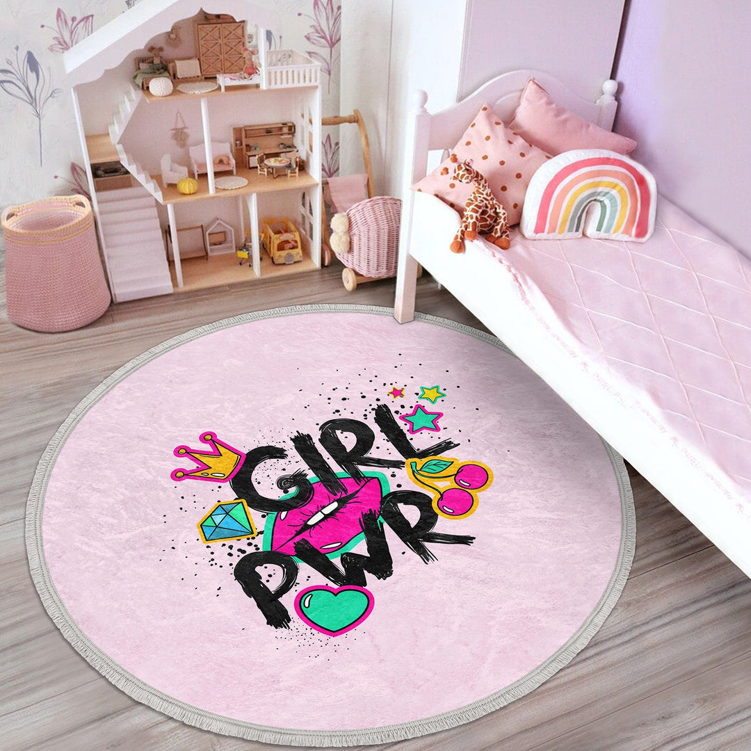 Princess Round Rug|Crown Print Anti-Slip Girls Carpet|Non-Slip Round Carpet|Fringed Kid Room Circle Carpet|Colorful Area Rug|Girls Room Rug