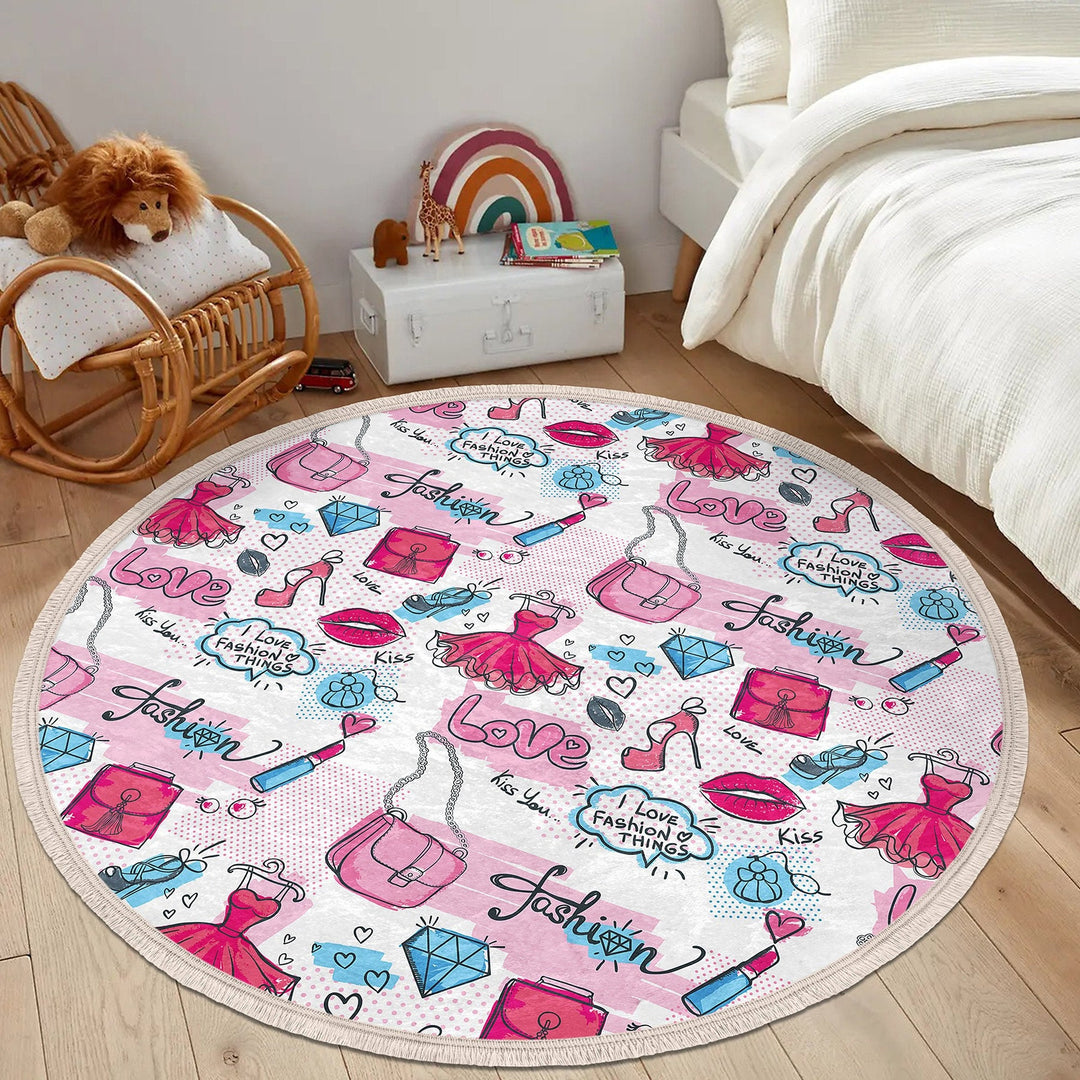 Princess Round Rug|Crown Print Anti-Slip Girls Carpet|Non-Slip Round Carpet|Fringed Kid Room Circle Carpet|Colorful Area Rug|Girls Room Rug