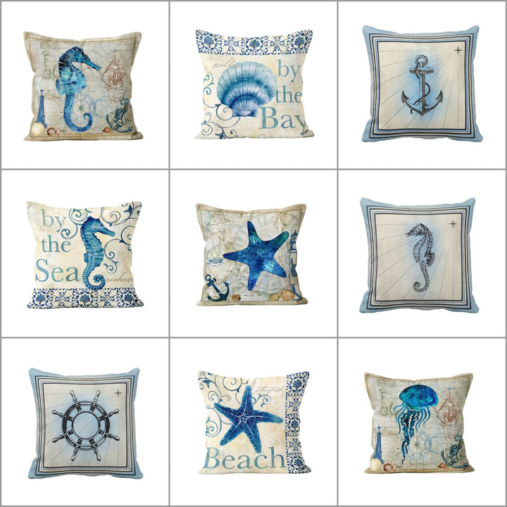 Nautical Pillow Case|Starfish and Seahorse Coastal Throw Pillow Cover|Anchor Wheel Jellyfish Cushion|Oyster Cushion Case|Beach House Decor