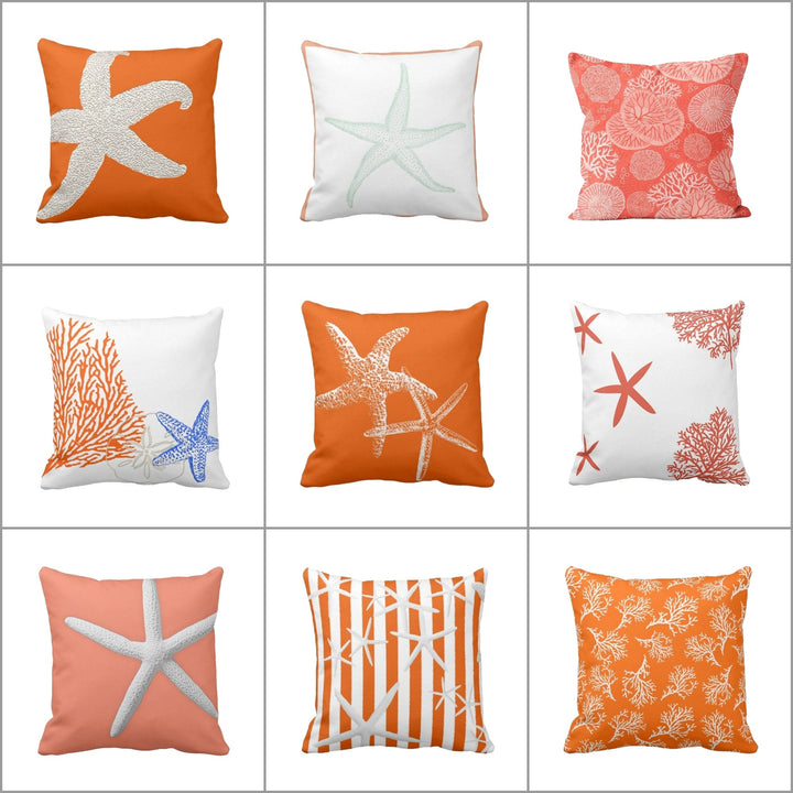 Nautical Pillow Case|Coral and Starfish Coastal Throw Pillow Cover|Seaside Pillowtop|Porch Cushion Cover|Marine Pillowcase|Beach House Decor