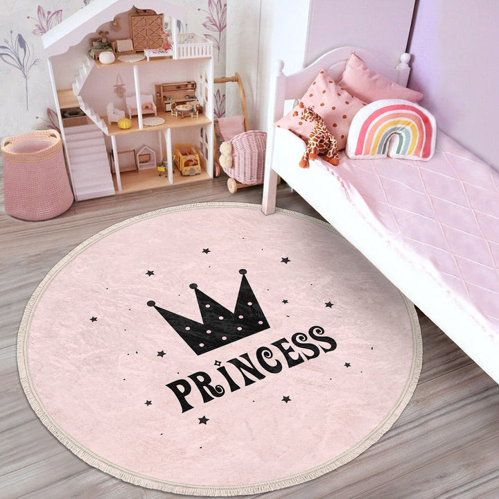 Princess Round Rug|Fringed Crown Print Kid Carpet|Non-Slip Circle Rug|Colorful Area Carpet|Kids Home Decor|Girls Anti-Slip Floor Covering