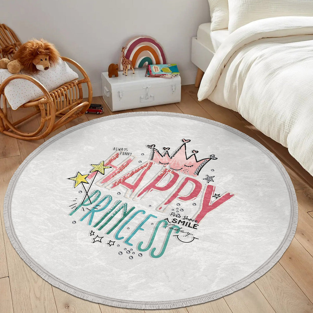 Princess Round Rug|Fringed Crown Print Kid Carpet|Non-Slip Circle Rug|Colorful Area Carpet|Kids Home Decor|Girls Anti-Slip Floor Covering