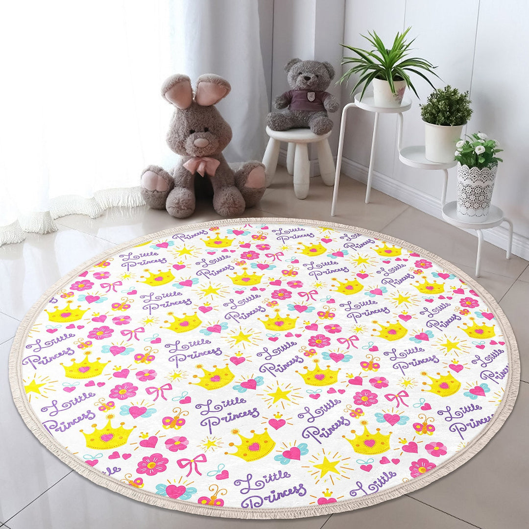 Princess Round Rug|Fringed Crown Print Kid Carpet|Non-Slip Circle Rug|Colorful Area Carpet|Kids Home Decor|Girls Anti-Slip Floor Covering