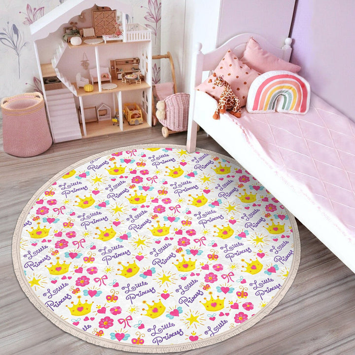 Princess Round Rug|Fringed Crown Print Kid Carpet|Non-Slip Circle Rug|Colorful Area Carpet|Kids Home Decor|Girls Anti-Slip Floor Covering