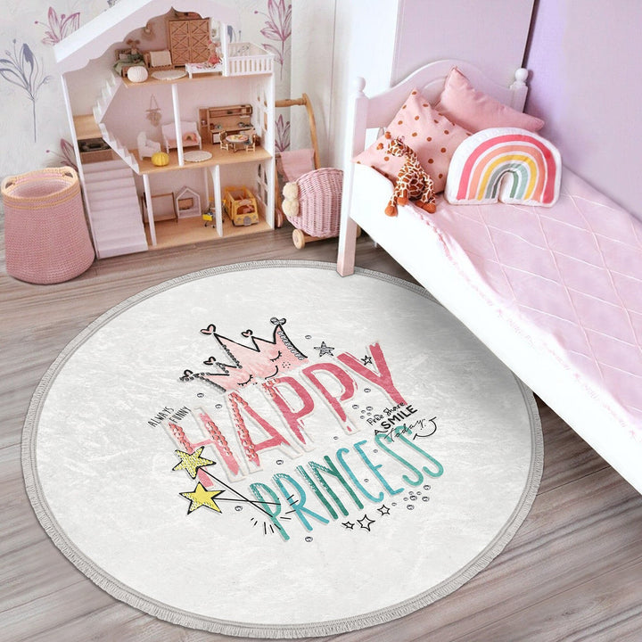 Princess Round Rug|Fringed Crown Print Kid Carpet|Non-Slip Circle Rug|Colorful Area Carpet|Kids Home Decor|Girls Anti-Slip Floor Covering