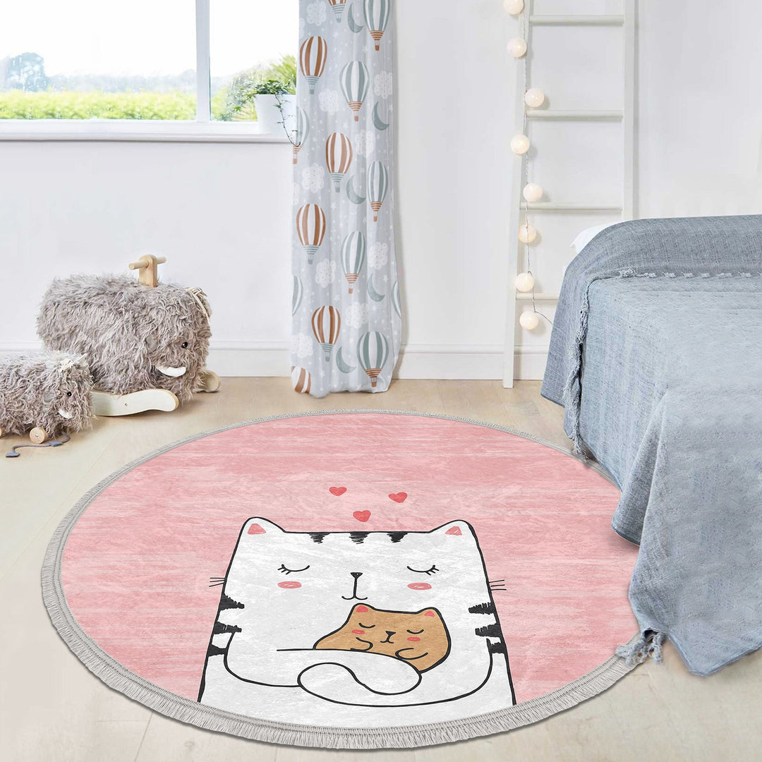 Cute Cat Round Rug|Fringed Cat Print Kid Carpet|Non-Slip Circle Rug|Colorful Area Carpet|Kids Home Decor|Cat Anti-Slip Mat|Floor Covering