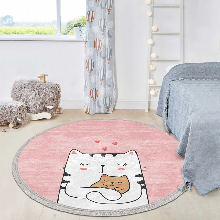 Cute Cat Round Rug|Fringed Cat Print Kid Carpet|Non-Slip Circle Rug|Colorful Area Carpet|Kids Home Decor|Cat Anti-Slip Mat|Floor Covering