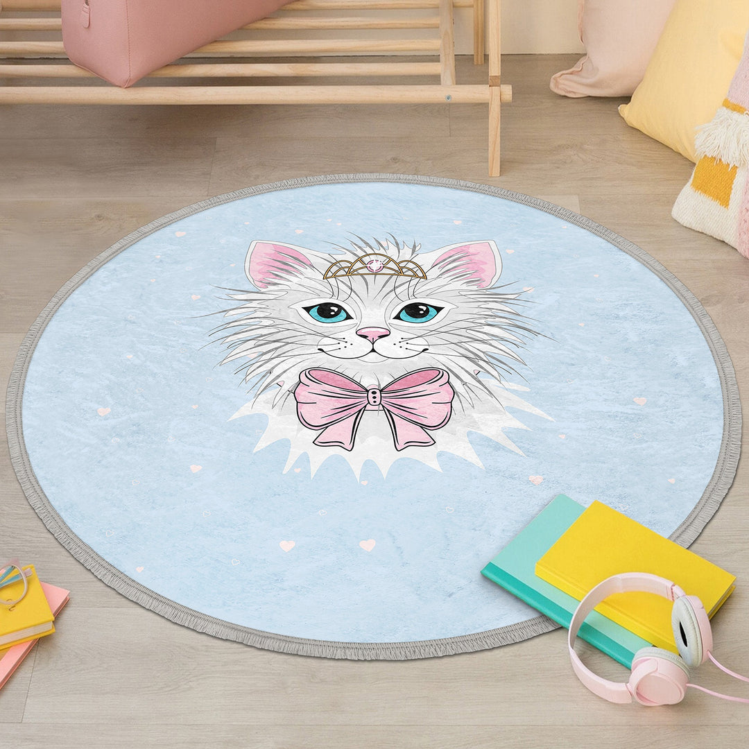 Cute Cat Round Rug|Fringed Cat Print Kid Carpet|Non-Slip Circle Rug|Colorful Area Carpet|Kids Home Decor|Cat Anti-Slip Mat|Floor Covering