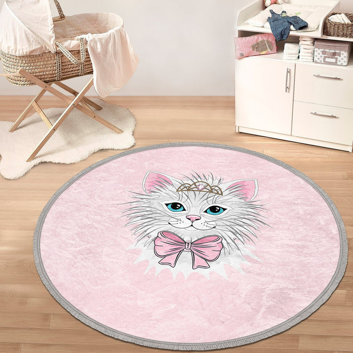 Cute Cat Round Rug|Fringed Cat Print Kid Carpet|Non-Slip Circle Rug|Colorful Area Carpet|Kids Home Decor|Cat Anti-Slip Mat|Floor Covering