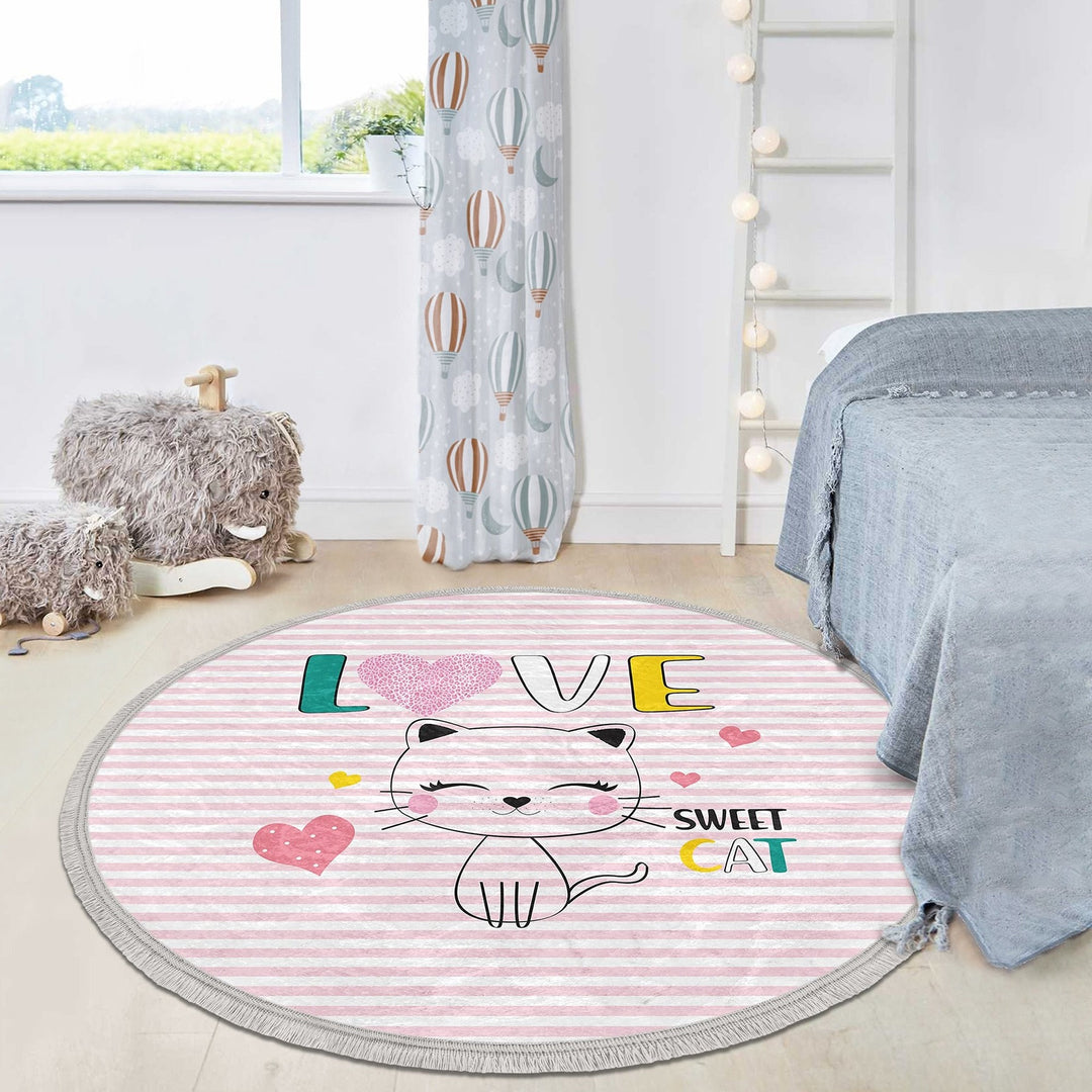 Cute Cat Round Rug|Fringed Cat Print Kid Carpet|Non-Slip Circle Rug|Colorful Area Carpet|Kids Home Decor|Cat Anti-Slip Mat|Floor Covering