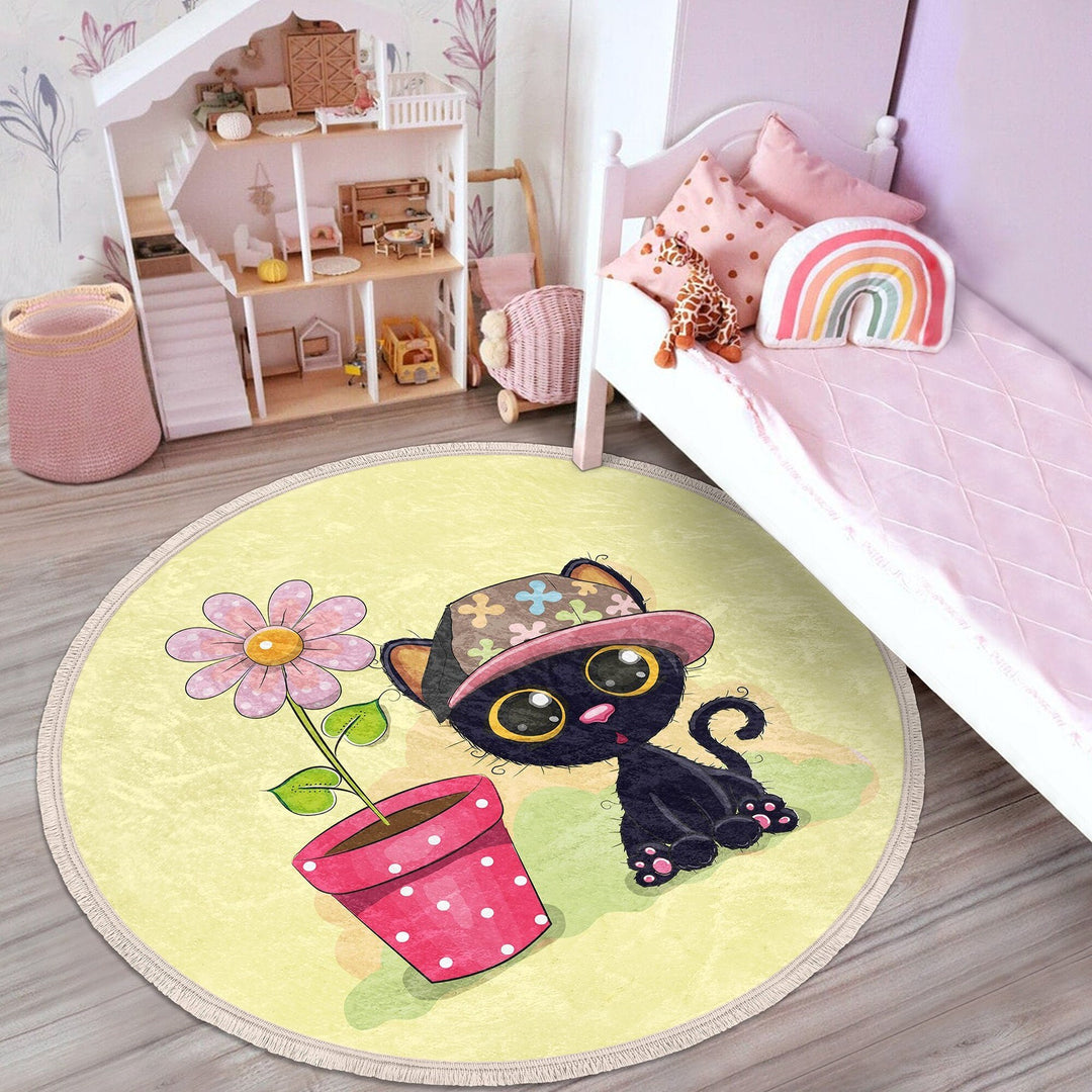 Cute Cats Circle Rug|Fringed Black Kitten Print Kid Carpet|Non-Slip Round Rug|Colorful Area Rug|Kids Home Decor|Animal Anti-Slip Floor Mat