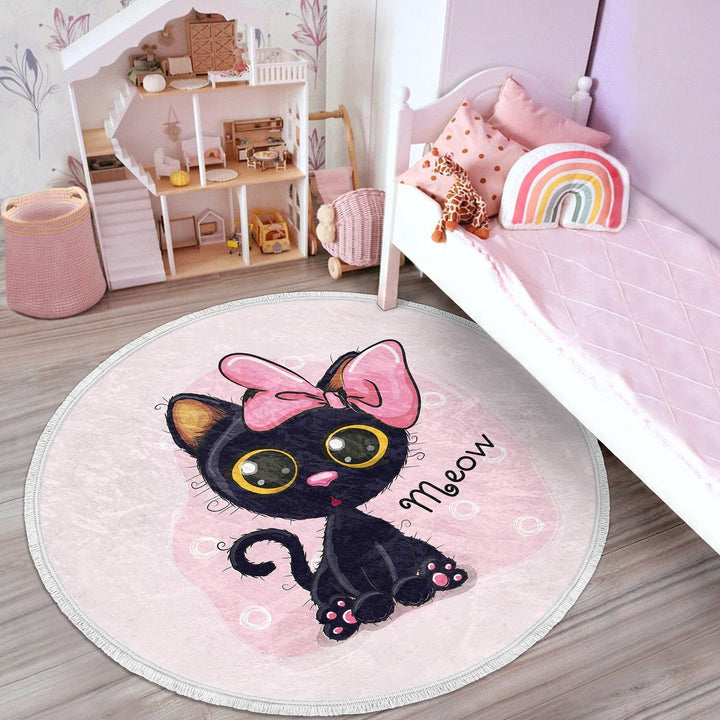 Cute Cats Circle Rug|Fringed Black Kitten Print Kid Carpet|Non-Slip Round Rug|Colorful Area Rug|Kids Home Decor|Animal Anti-Slip Floor Mat