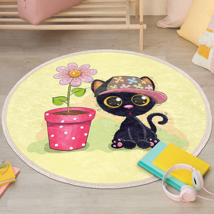 Cute Cats Circle Rug|Fringed Black Kitten Print Kid Carpet|Non-Slip Round Rug|Colorful Area Rug|Kids Home Decor|Animal Anti-Slip Floor Mat