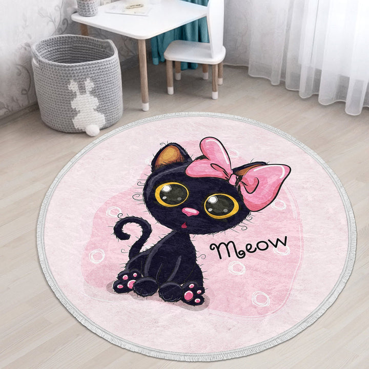 Cute Cats Circle Rug|Fringed Black Kitten Print Kid Carpet|Non-Slip Round Rug|Colorful Area Rug|Kids Home Decor|Animal Anti-Slip Floor Mat