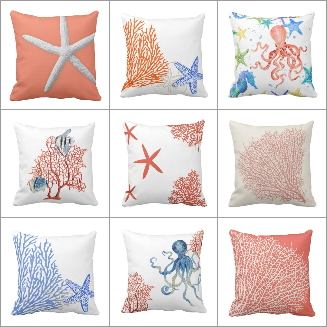 Nautical Pillow Case|Starfish Cushion Cover|Octopus Pillowcase|Coral Print Beach House Decor|Coastal Throw Pillow Cover|Summer Trend Decor