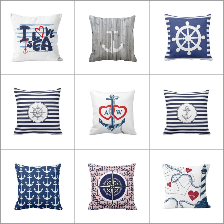 Nautical Pillow Case|Anchor Cushion Cover|Wheel Cushion Cover|Navy Marine Pillowcase|Beach House Decor|I Love Sea Coastal Throw Pillowtop