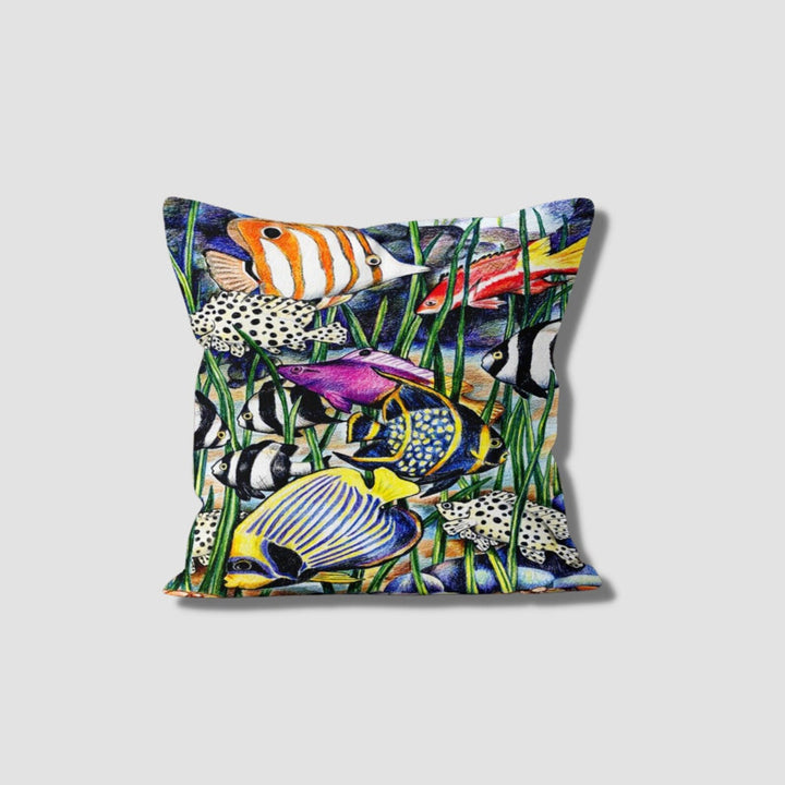 Fish Print Pillow Case|Nautical Summer Cushion Cover|Navy Marine Pillowcase|Beach House Decor|Coral and Fish Coastal Throw Pillow Cover