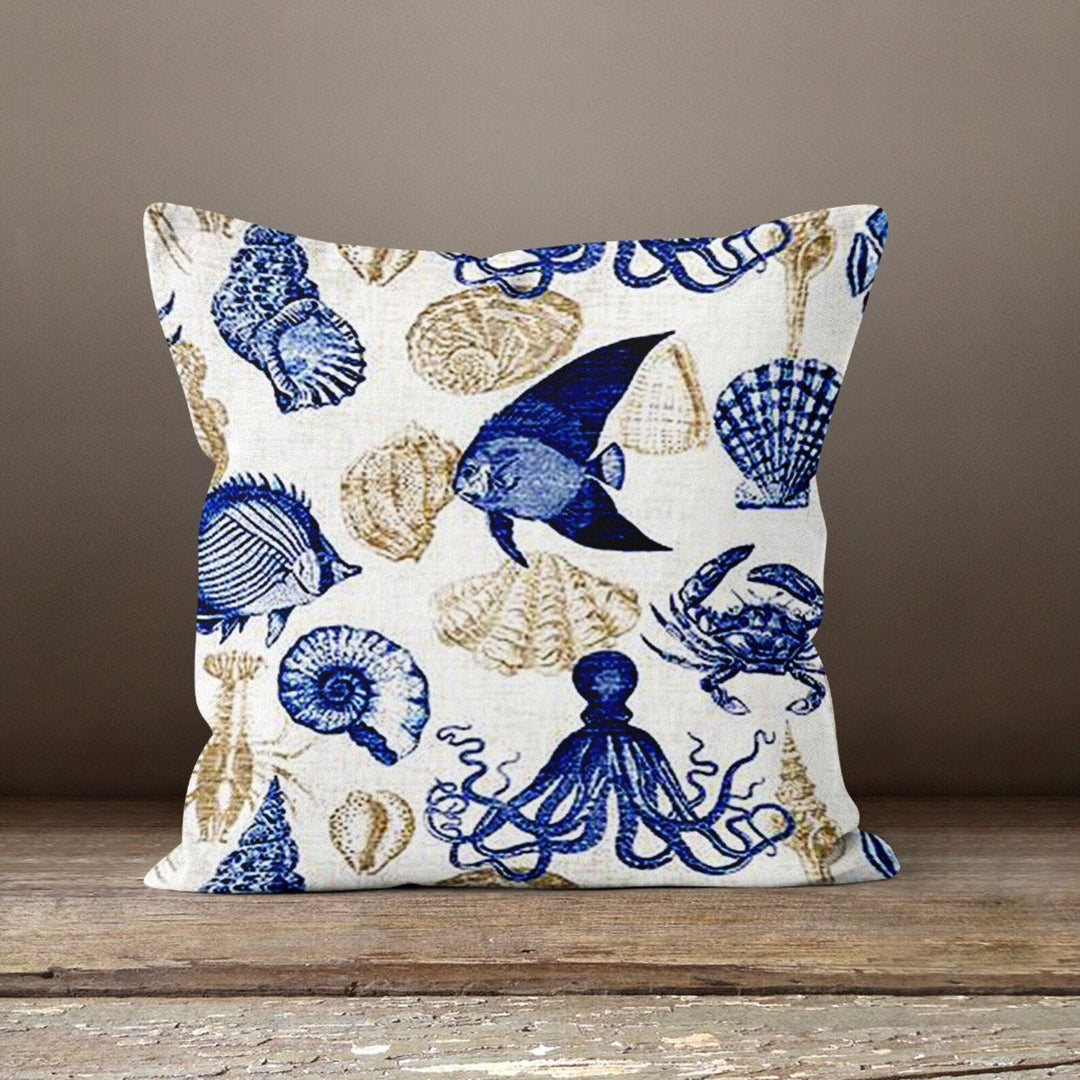 Seaside Pillow Case|Sea Shell Cushion|Coastal Cushion Case|Aqua Marine Pillowcase|Beach House Decor|Fish and Seashell Throw Pillow Cover