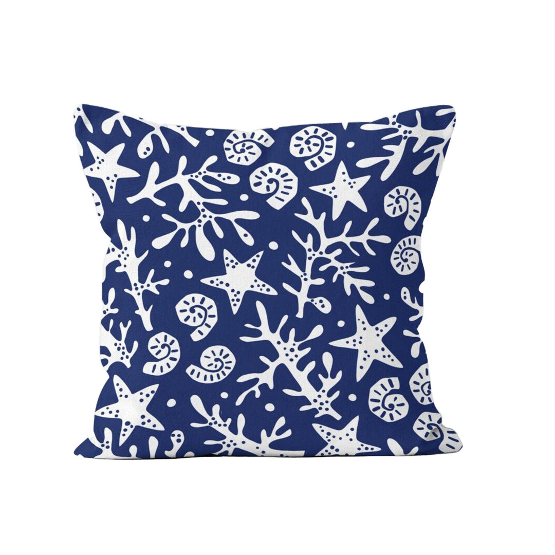 Coastal Pillow Case|Seashell Cushion Cover|Starfish and Coral Print Nautical Throw Pillow Cover|Navy Marine Pillowcase|Beach House Decor