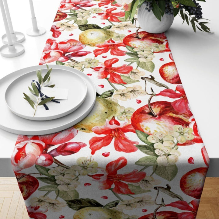 Fruit Table Runner|Grape Tablecloth|Apple Table Decor|Pomegranate Runner|Farmhouse Colorful Floral Bird Print Tabletop|Stylish Tablecloth