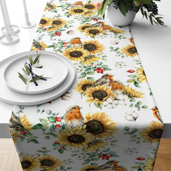 Sunflower Table Runner|Summer Tablecloth|Floral Table Decor|Housewarming Runner|Farmhouse Sunflower Print Tabletop|Stylish Bird Tablecloth