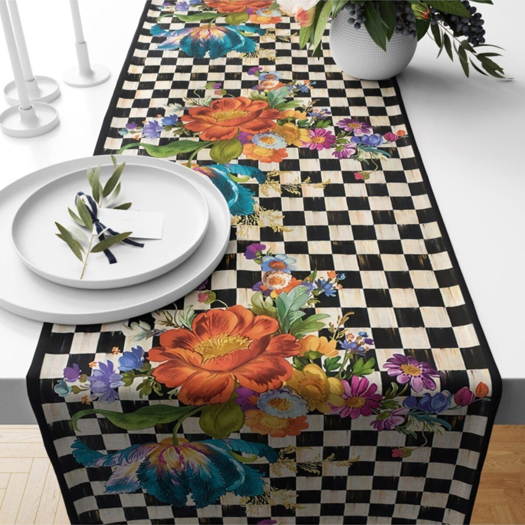 Floral Table Runner|Summer Tablecloth|Floral Table Decor|Checkered Runner|Farmhouse Colorful Flower Print Tabletop|Stylish Boho Tablecloth