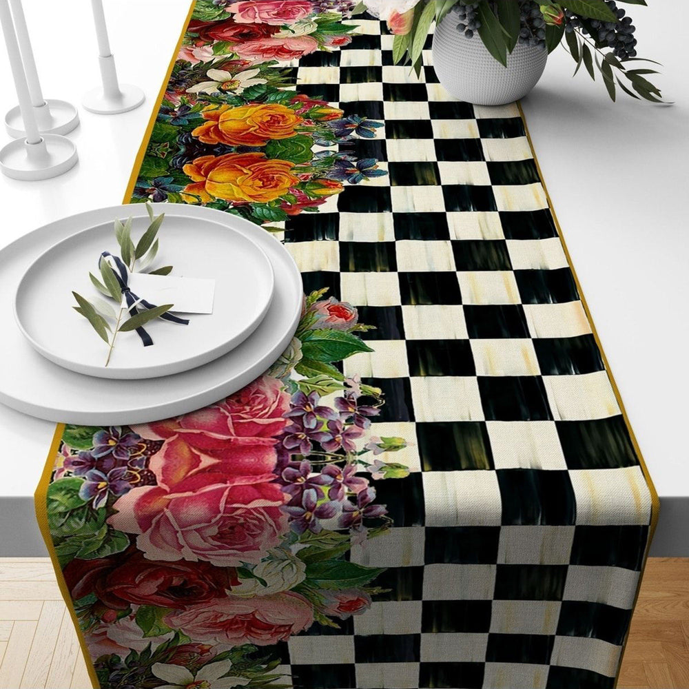 Floral Table Runner|Summer Tablecloth|Floral Table Decor|Checkered Runner|Farmhouse Colorful Flower Print Tabletop|Stylish Boho Tablecloth