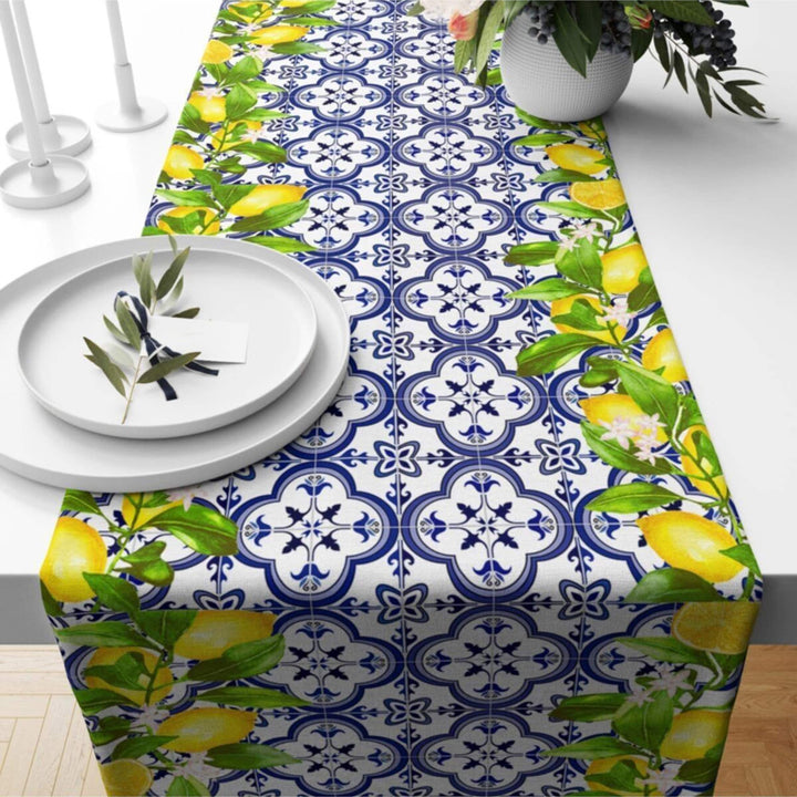 Lemon Table Runner|Farmhouse Tile Pattern Table Top|Summer Tablecloth|Fresh Citrus Decor|Housewarming Floral Runner|Stylish Lemon Tablecloth