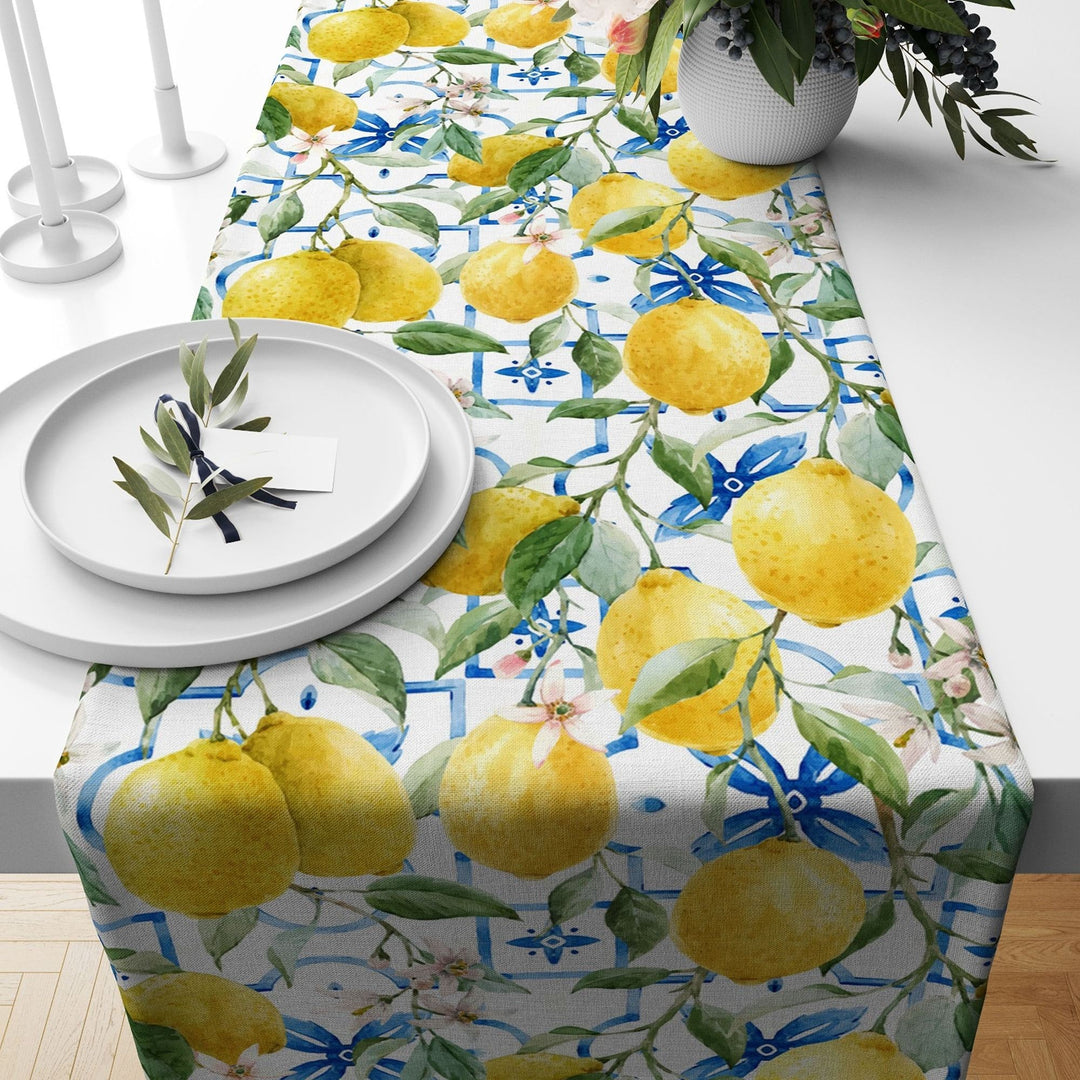 Lemon Table Runner|Farmhouse Tile Pattern Table Top|Summer Tablecloth|Fresh Citrus Decor|Housewarming Floral Runner|Stylish Lemon Tablecloth