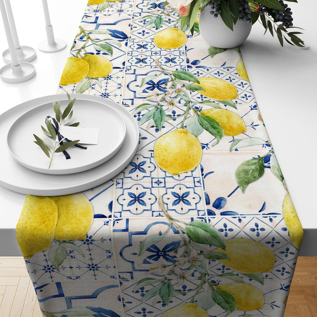 Lemon Table Runner|Farmhouse Tile Pattern Table Top|Summer Tablecloth|Fresh Citrus Decor|Housewarming Floral Runner|Stylish Lemon Tablecloth