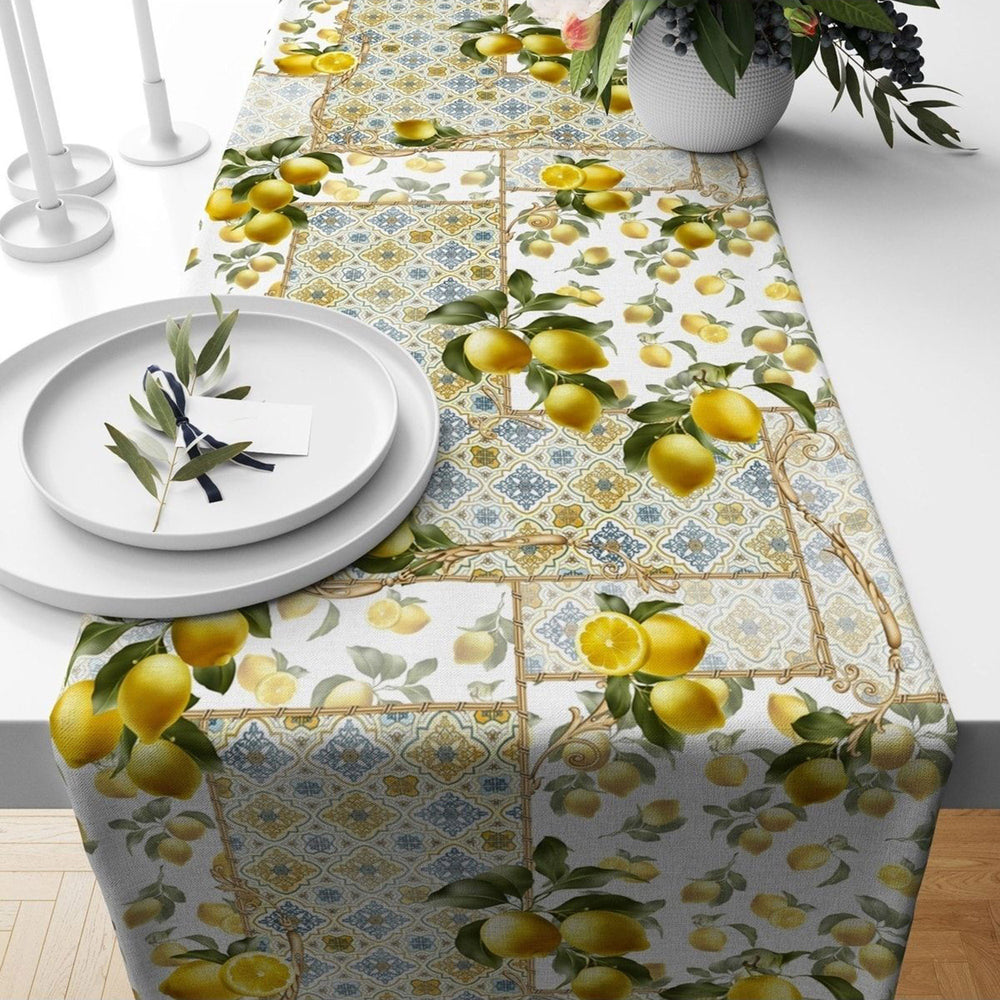 Lemon Table Runner|Summer Tablecloth|Fresh Citrus Decor|Housewarming Floral Runner|Farmhouse Tile Pattern Table Top|Stylish Lemon Tablecloth