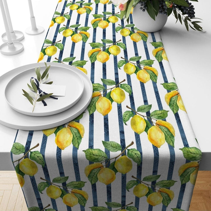 Lemon Table Runner|Summer Tablecloth|Fresh Citrus Decor|Floral Butterfly Runner|Farmhouse Striped Table Top|Stylish Lemon Tree Tablecloth