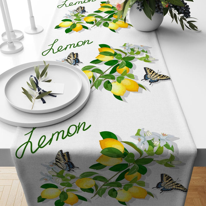 Lemon Table Runner|Summer Tablecloth|Fresh Citrus Decor|Floral Butterfly Runner|Farmhouse Striped Table Top|Stylish Lemon Tree Tablecloth