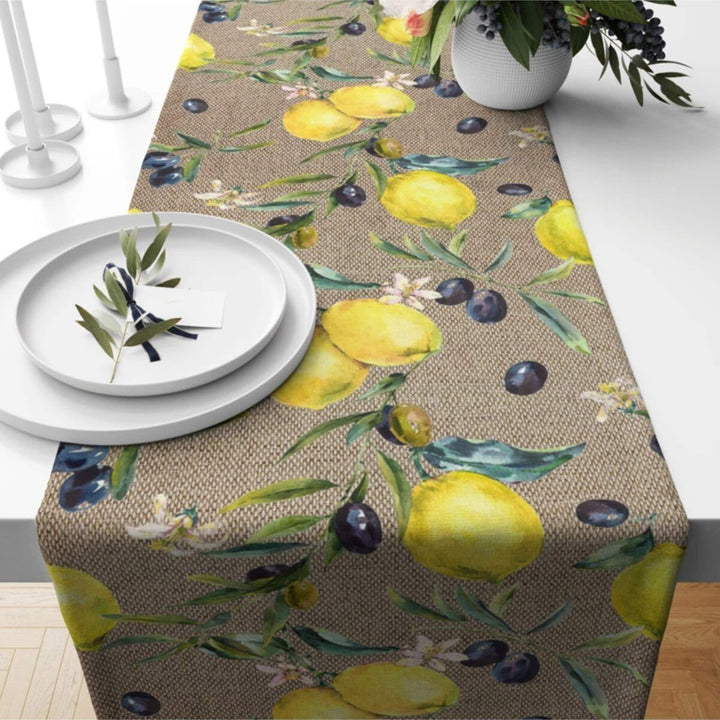 Olive Table Runner|Lemon Tablecloth|Fresh Citrus Decor|Housewarming Summer Runner|Tile Pattern Table Top|Stylish Olive Print Tablecloth