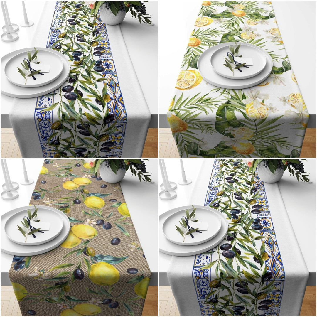 Olive Table Runner|Lemon Tablecloth|Fresh Citrus Decor|Housewarming Summer Runner|Tile Pattern Table Top|Stylish Olive Print Tablecloth