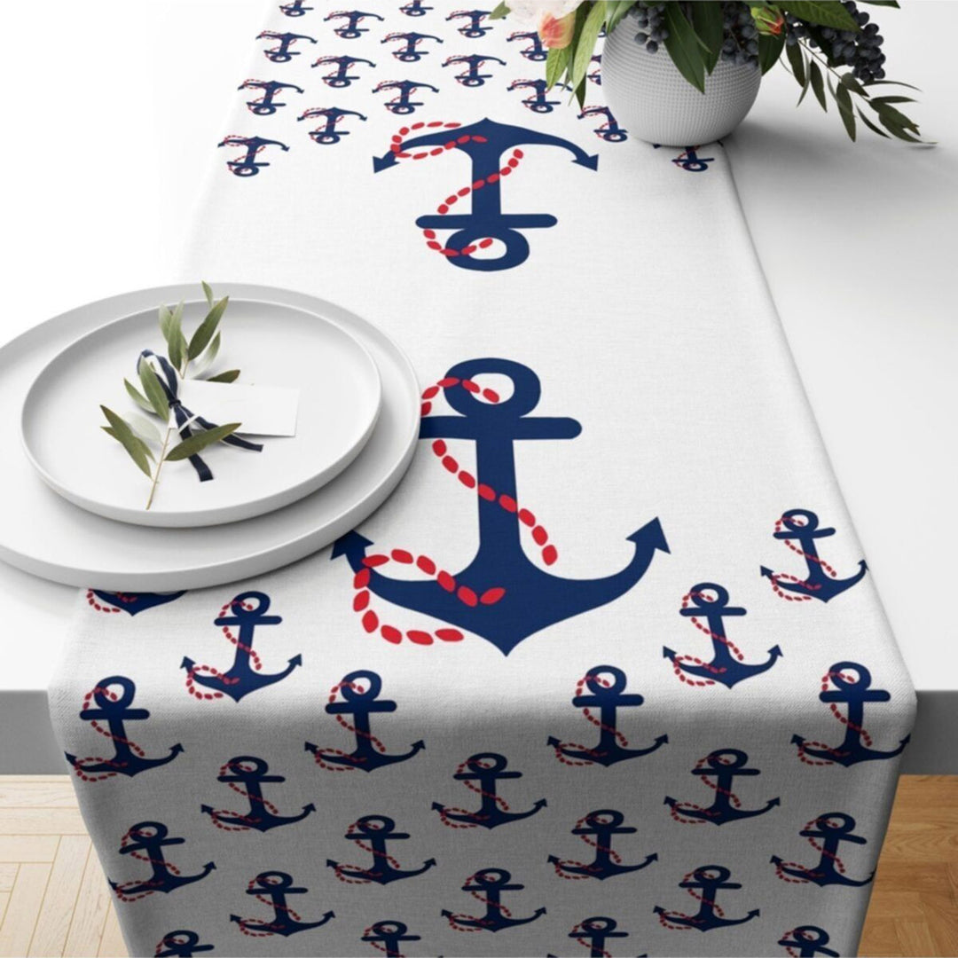 Coastal Table Runner|Beach House Runner|Coral and Lobster Tabletop|Anchor and Fish Print Nautical Tablecloth|Navy Marine Table Centerpiece