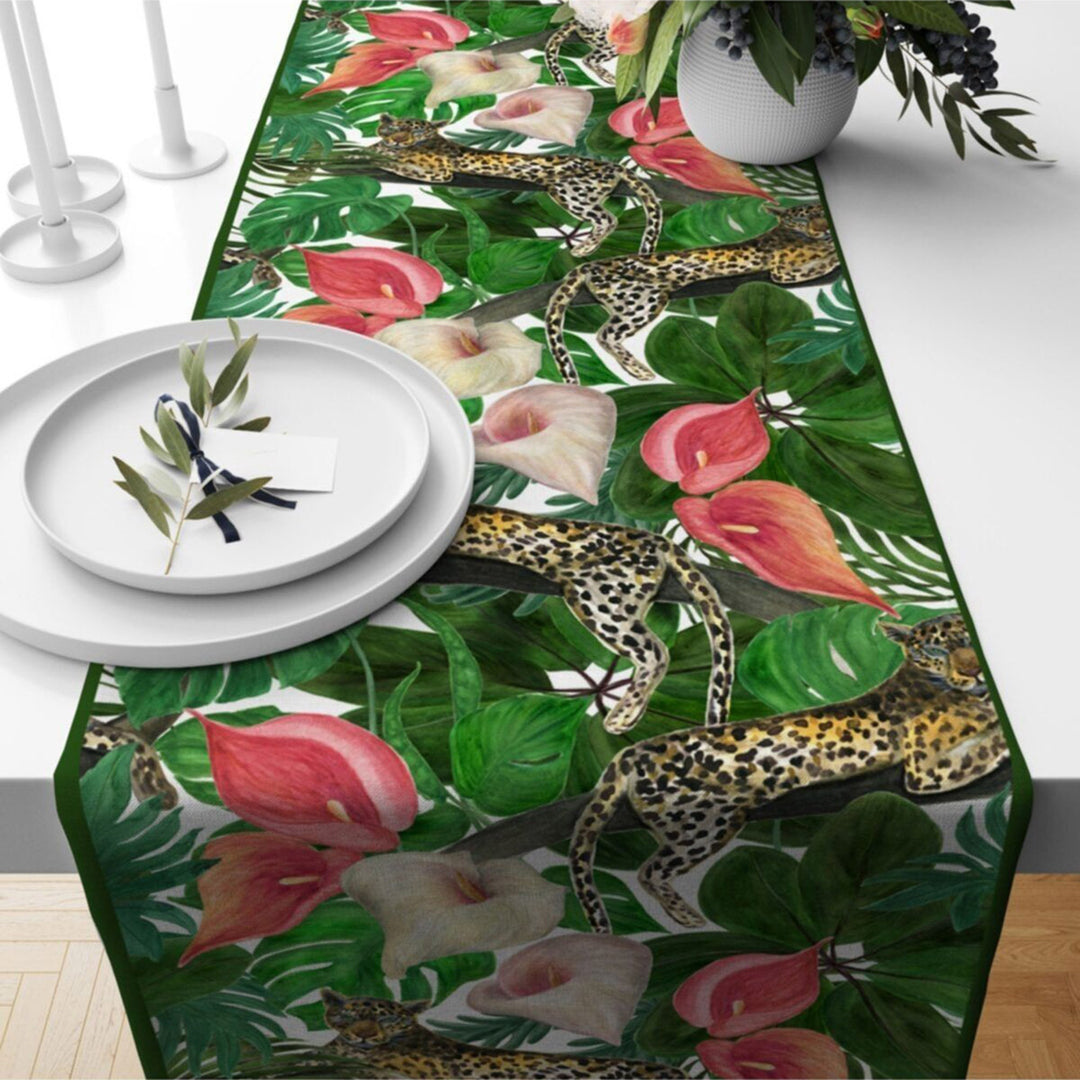 Tropical Tablecloth|Animal Print Tabletop|Green Leaves Decor|Leopard Table Runner|Giraffe Print Runner|Zebra Tabletop|Tropical Kitchen Decor