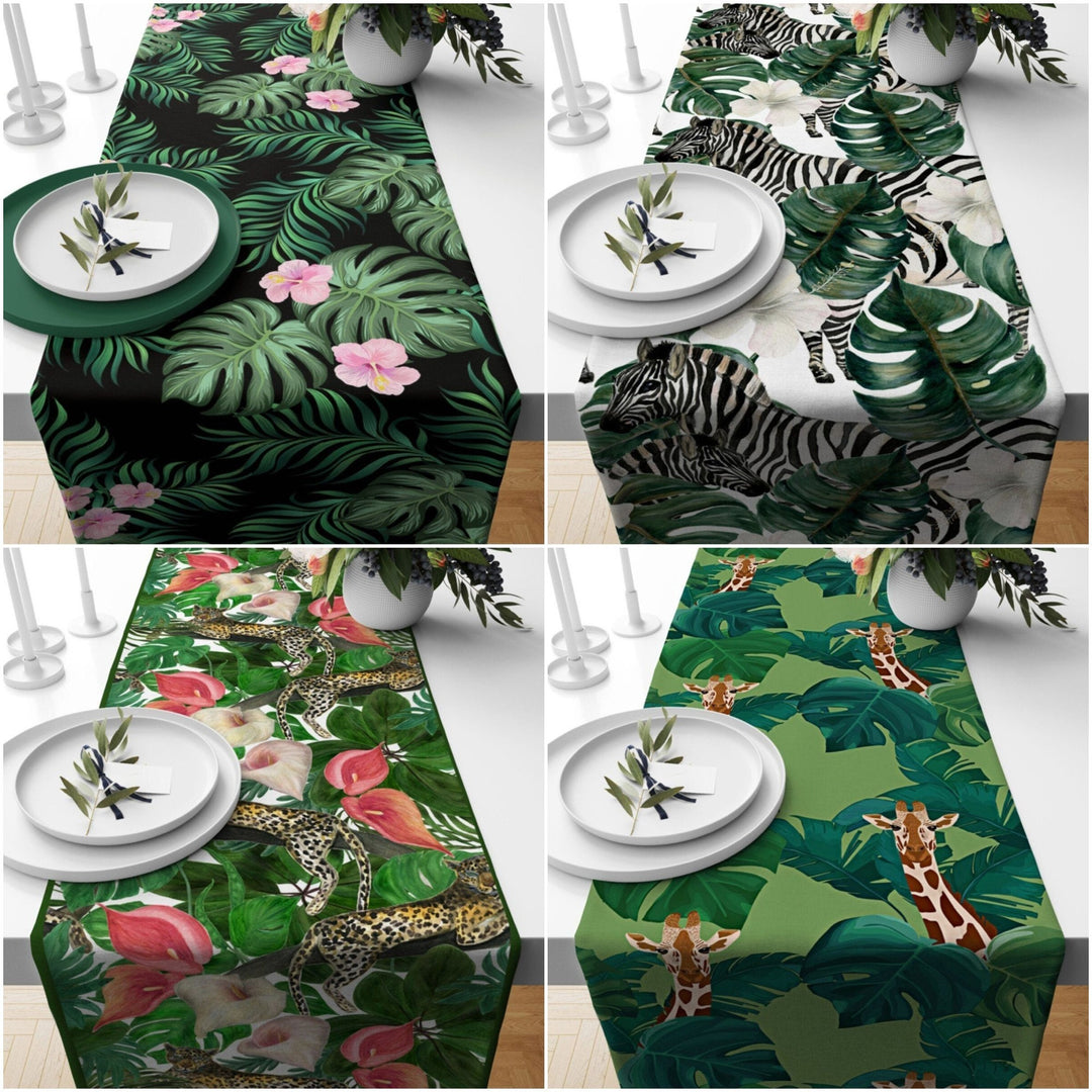 Tropical Tablecloth|Animal Print Tabletop|Green Leaves Decor|Leopard Table Runner|Giraffe Print Runner|Zebra Tabletop|Tropical Kitchen Decor