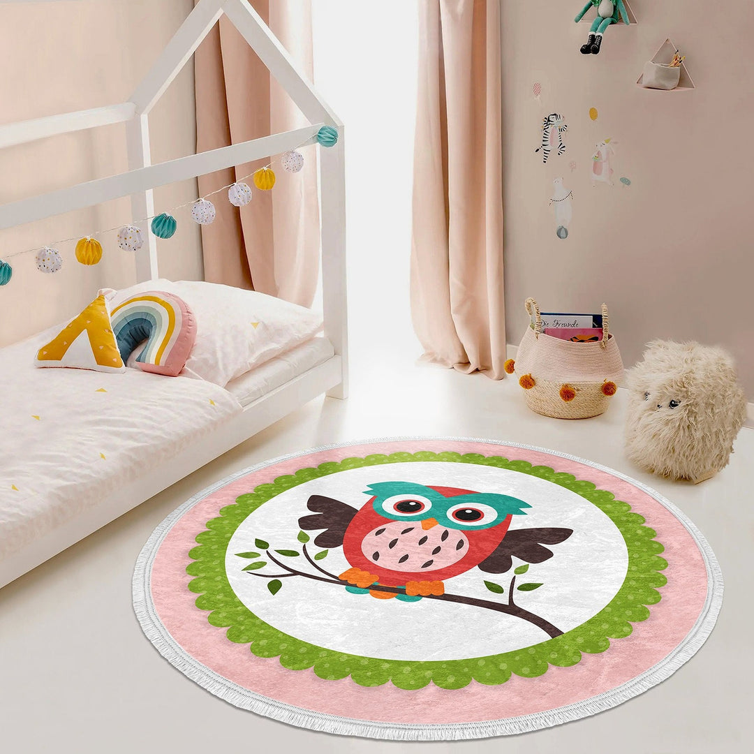 Cute Owl Circle Rug|Fringed Owl Print Kid Carpet|Non-Slip Round Rug|Colorful Area Carpet|Kids Home Decor|Animal Anti-Slip Mat|Floor Covering