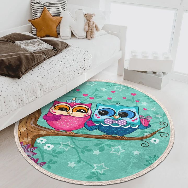 Cute Owl Round Rug|Fringed Owl Print Kid Carpet|Non-Slip Circle Rug|Colorful Area Carpet|Kids Home Decor|Animal Anti-Slip Mat|Floor Covering