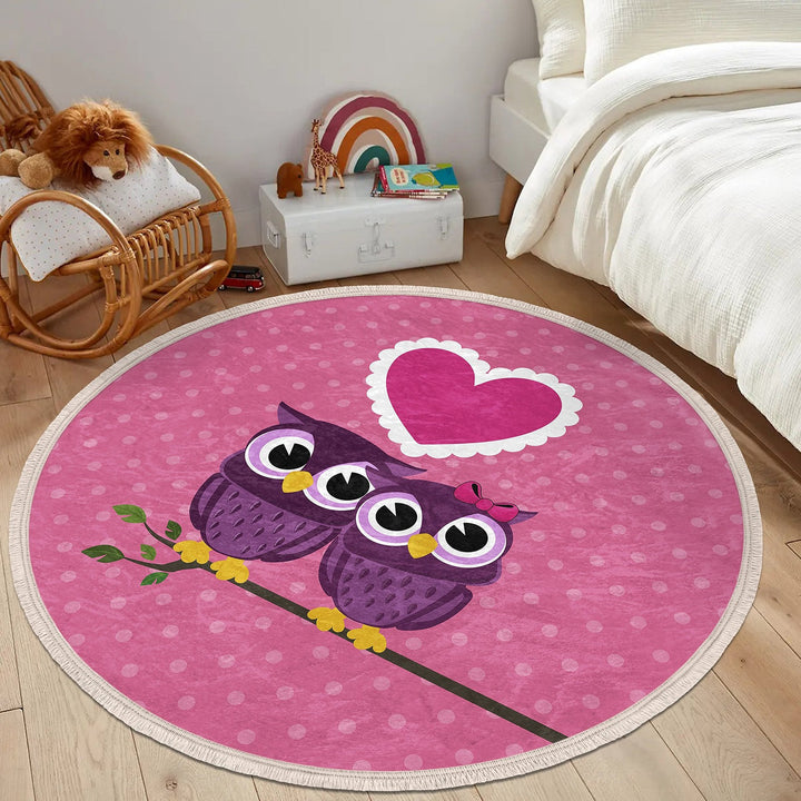 Cute Owl Round Rug|Fringed Owl Print Kid Carpet|Non-Slip Circle Rug|Colorful Area Carpet|Kids Home Decor|Animal Anti-Slip Mat|Floor Covering