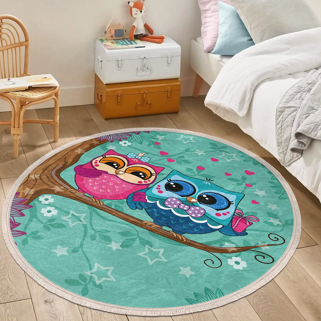 Cute Owl Round Rug|Fringed Owl Print Kid Carpet|Non-Slip Circle Rug|Colorful Area Carpet|Kids Home Decor|Animal Anti-Slip Mat|Floor Covering