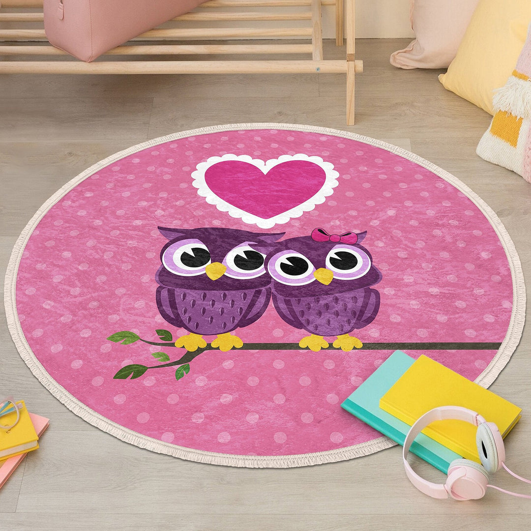 Cute Owl Round Rug|Fringed Owl Print Kid Carpet|Non-Slip Circle Rug|Colorful Area Carpet|Kids Home Decor|Animal Anti-Slip Mat|Floor Covering